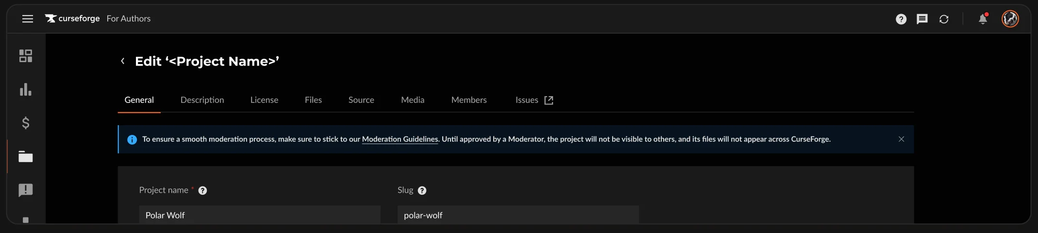 New project info toast