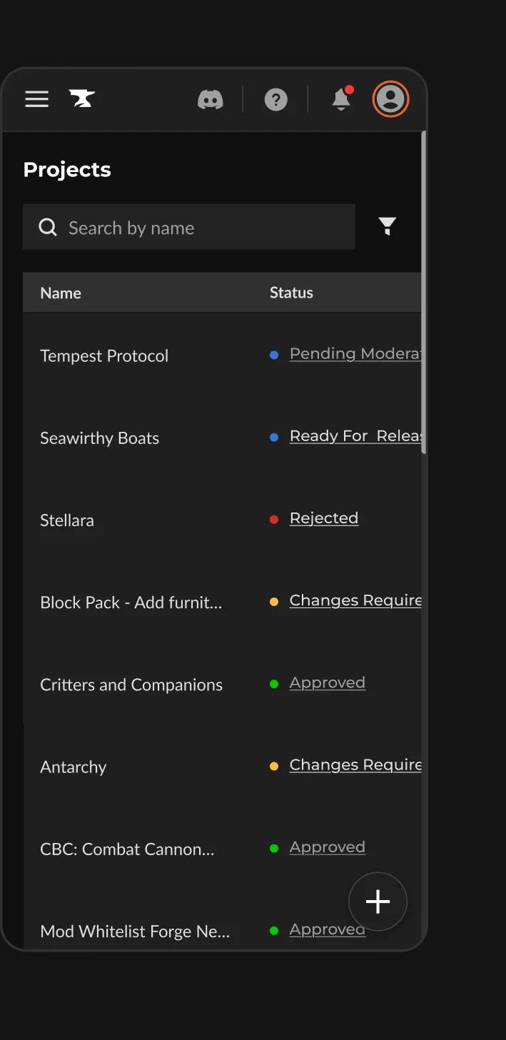 Projects table on mobile